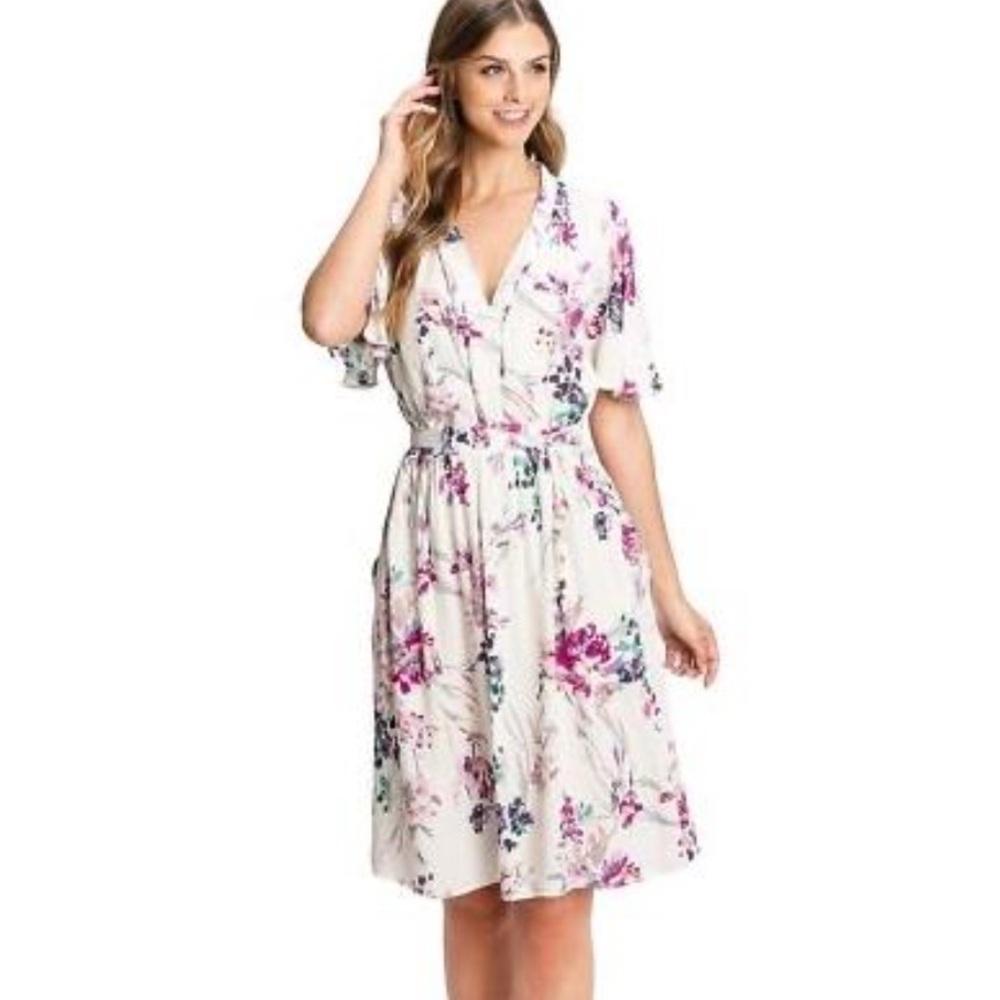 NEW Lovestitch floral midi dress SMALL short flutter sleeves Pockets pink